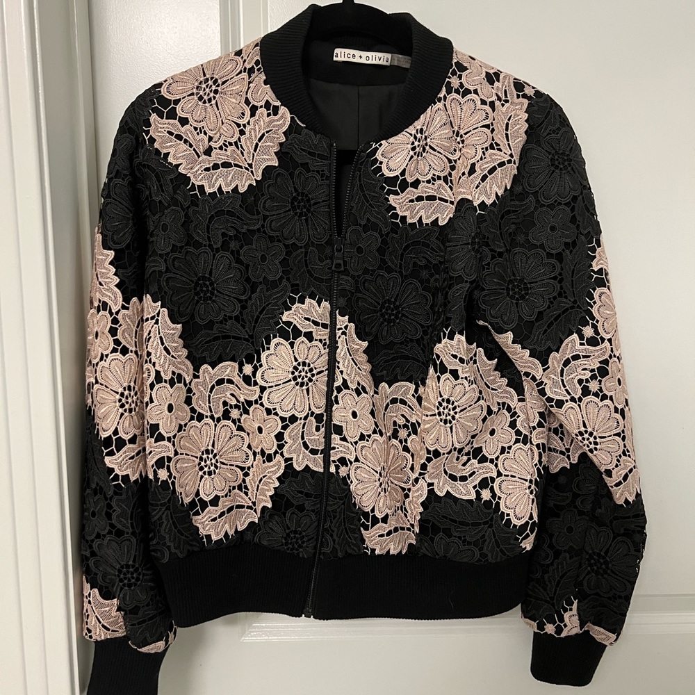 Alice + Olivia Felisa Lace Bomber Jacket Floral Black Nude Size S